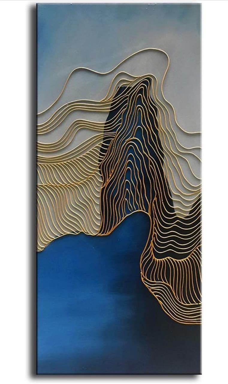 $86 Tyed Art- Gold Line and Blue Texture Abstract