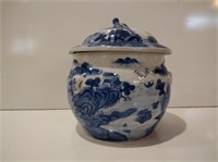 Vintage Blue and White Ceramic Japanese Lidded Jar