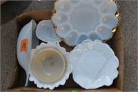 box of milk glass and dishes