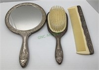 Vintage silver plate three piece vanity set.  1941