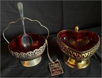 Silver-Plated & Red Glass Servingware
