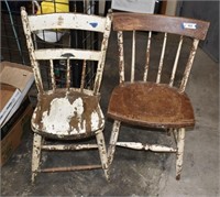Two Vintage Rustic Chippy Wood Farm Chairs