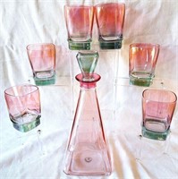 PRETTY PINK & GREEN DECANTER & GLASSES MADE ITALY