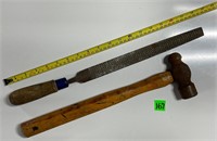 Vtg Metal File&Wood Handle Hammer