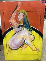 Abstract nude on canvas in yellow red signed lower