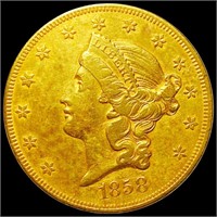 1858 $20 Gold Double Eagle NEARLY UNC