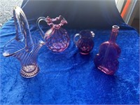 2 antique cranberry pitchers, vase & Vtg pink