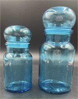 2 Vintage Aqua Bubble Top Apothecary Jars Quart &