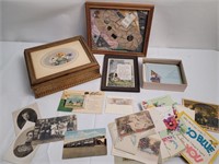 Framed items/mirrored box/old greeting cards