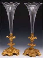 Pair of Gilded Bronze and Crystal Trumpet Vases.