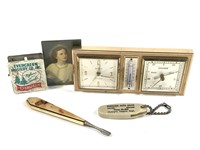 Desk Clock w Barometer, Hand Mirror, Advert Clip +