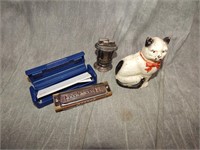 OLD Cast Iron Cat Bank, Harmonica & Lighter