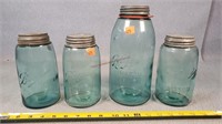 4- Antique Blue Ball Jars 6 3/8" & 8.75"