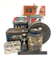 Antique Tins, Soap, Figurine, and Sign