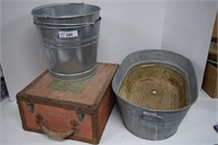 Three Galvanized Buckets & Metal Lidded Can