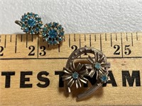Vintage horseshoe w/flowers pin and earring, both