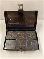 Antique Metal Spice Tin Box with 6 Compartments