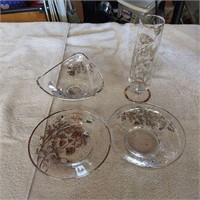 Sterling silver overlay bowls, plate & bud vase