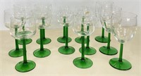 13 Pcs. France Green Stemmed Clear Bowl Glasses