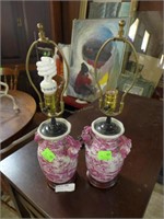 Pair Chinese pink painted ladies dressing lamps