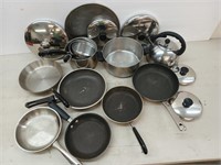 Asst pots and pans, skillets, coffee kettle, lids