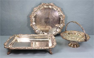 3pc. Ornate Silverplate Trays & Basket