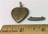 OF)GOLDTONE HEART LOCKET & EARLY TURQUOISE BAR PIN