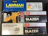 Ammo, 6 boxes of 9 mm ,lawman, blazer & more