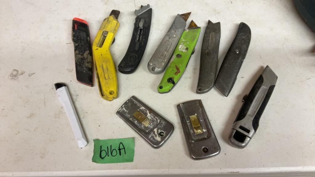 Assorted box knives, and razor blades