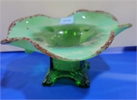 GREEN GLASS BON BON WITH OPELESCENT FLARED TOP