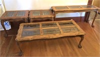 Lot of 4 Wooden Tables Glass Inlay Coffee Sofa