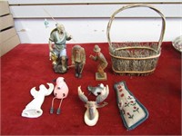 Carved wood figures, basket, and more.