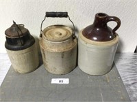 2 lidded crocks & shoulder jug