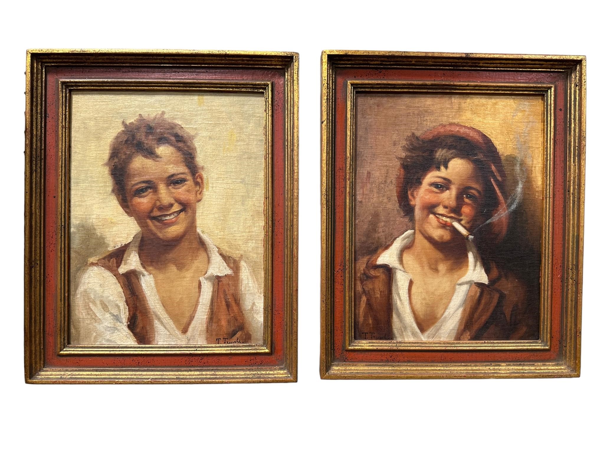 Signed Pair of Oil on Board Portraits of Boys
