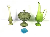 Green Glass Swung Vases & Compote Plus