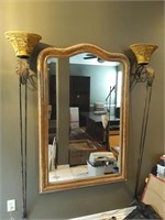 Large Mirror w/ Pair of Metal Lamp Sconces