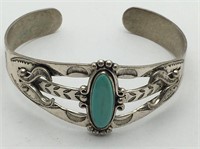 Signed Bell Sterling Cuff Bracelet With Turquoise