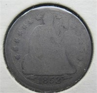 1853 With arrows seated liberty silver dime.