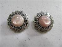 Sterling Signed Earrings w/ Pink Round Stones 3/4"