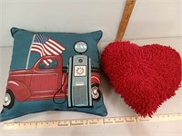 Decorative pillows, red truck & oil pump & red