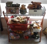 Wire and wooden three tier shelf and contents