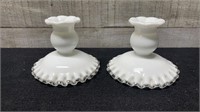 Pair Of Signed Fenton Milk Glass Candle Holder 4.5