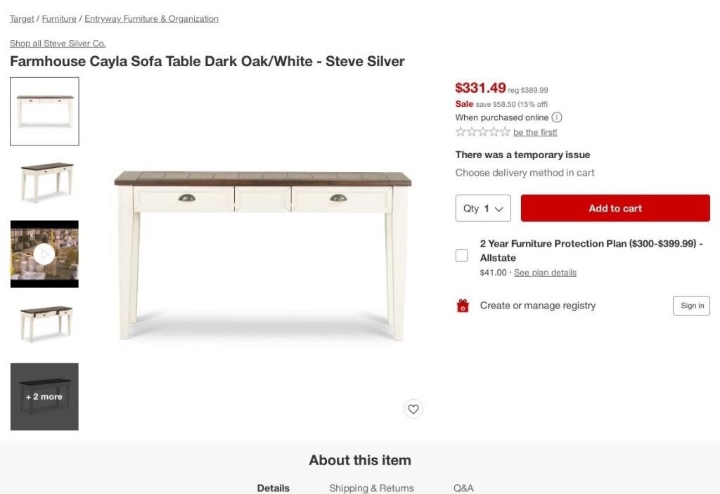 B2385  Steve Silver Cayla Sofa Table Oak/White