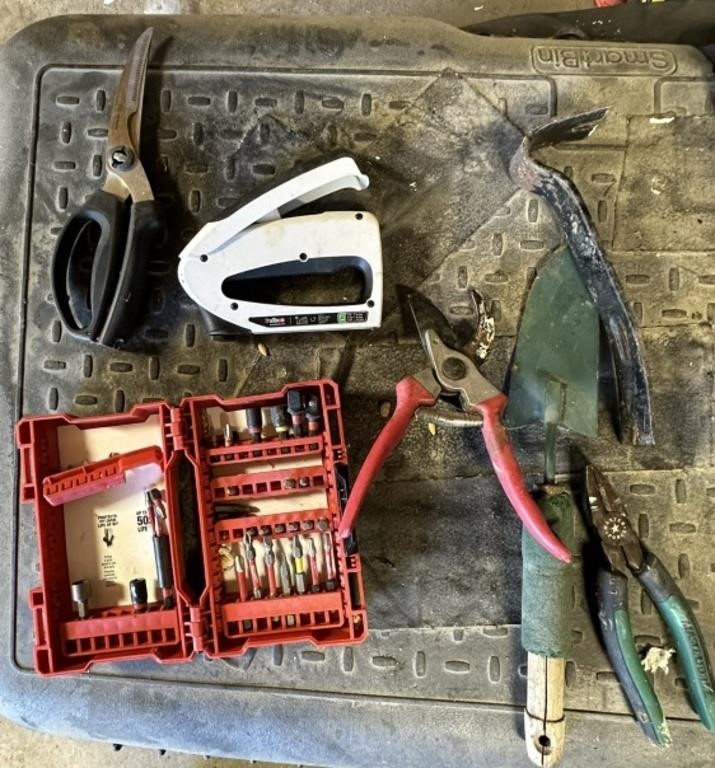 milwaukee bits, stapler, garden hand tools...