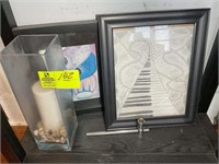 GROUP OF MUSIC THEMED PICTURES AND LARGE GLASS BAS