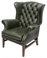CHESTERFIELD WINGBACK GREEN LEATHER ARMCHAIR