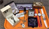 Tray lot of assorted ladies jewelry, watches,