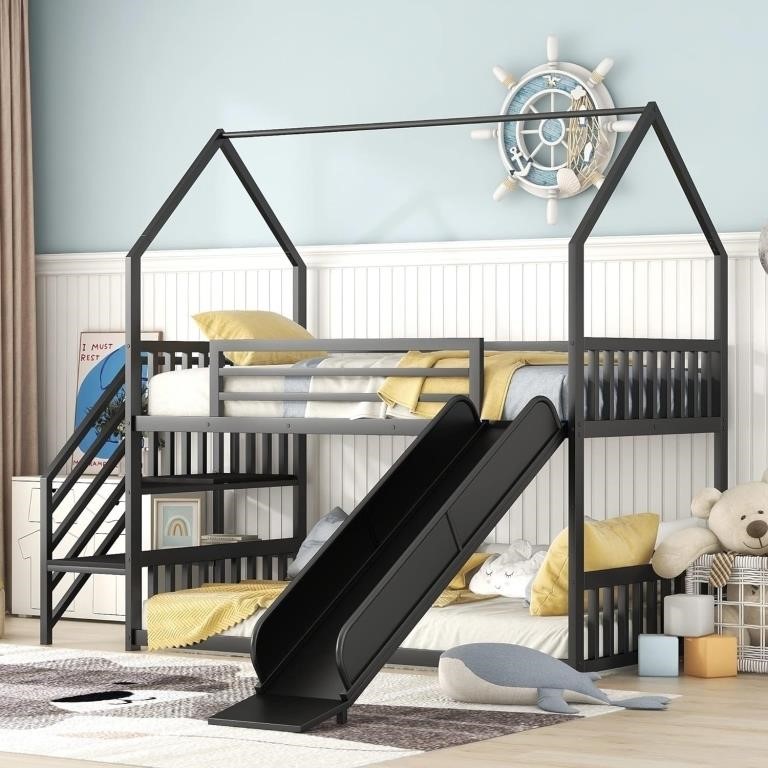 Staircase Twin Over Twin Bunk Bed House Bed Gray