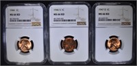 1944, 46-S & 47-D LINCOLN CENTS, NGC MS-66 RED