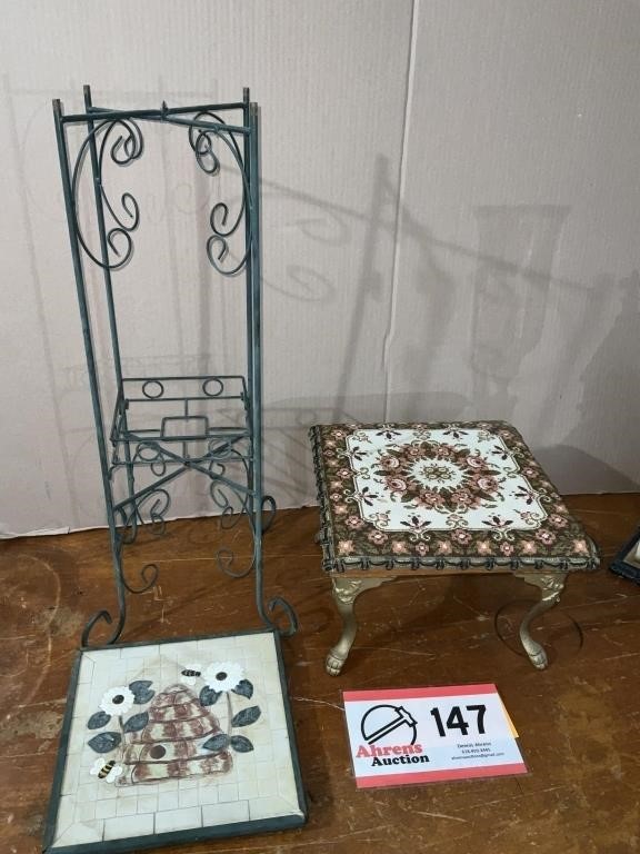 Plant stand w/ tile t top, needle point foot stool